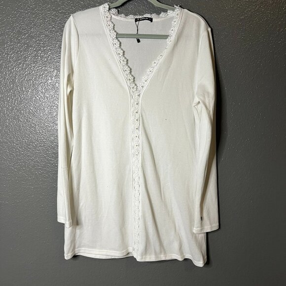 Sheilay Large White Crochet Lace Trim V-Neck Tunic Top Boho - Picture 1 of 4